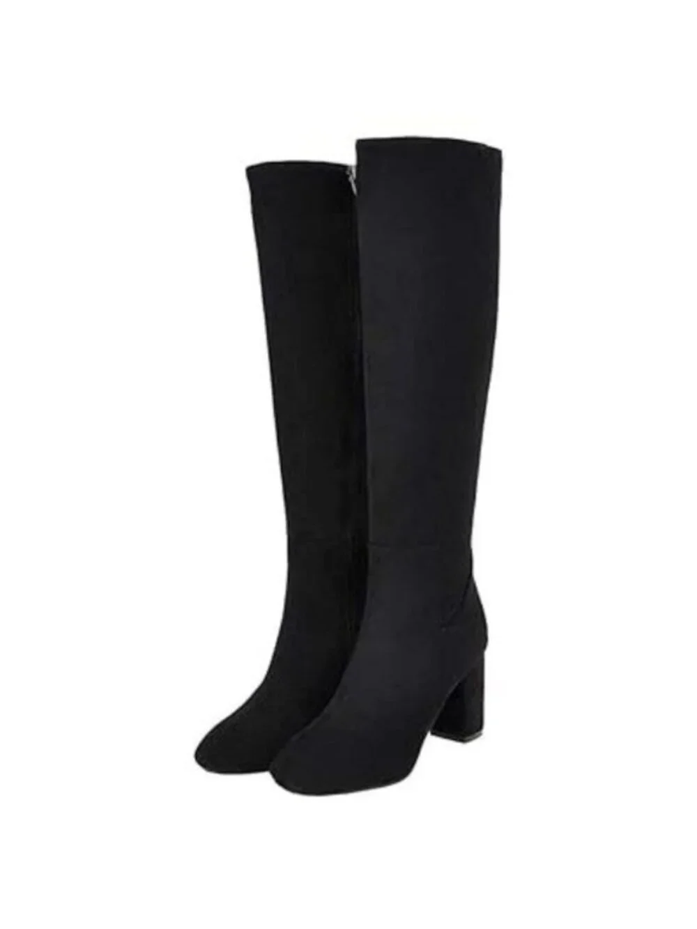 Black Womens Faux Suede Zip Chunky Heel Knee High Heeled Boots